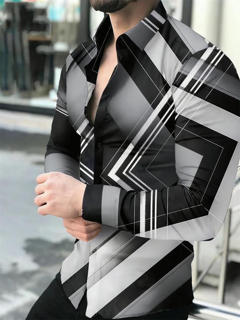 New Geometric Pattern Men's Fashion Shirt Long Sleeved Slim Fit Fashion Casual Top Men's Clothing Line Top