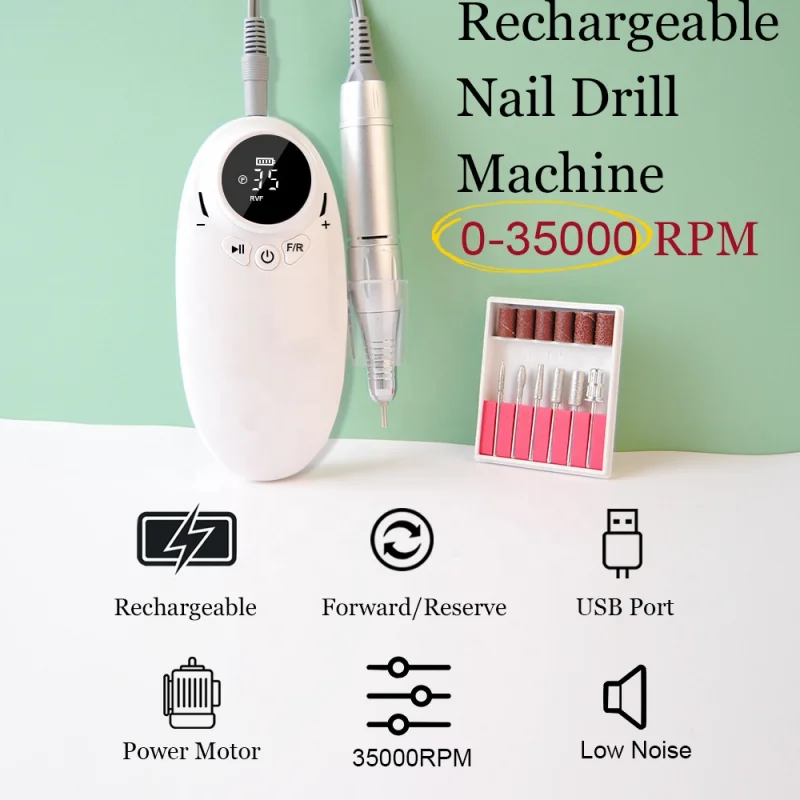 Electric Nail Drill Machine Professional 35000RPM Rechargeable Nail Drill Portable Cordless Efile with Bits Kit for Salon Home