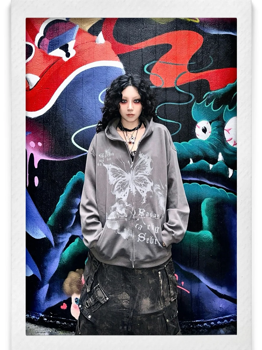 

Толстовка Feel-Driven Millennium Subculture Punk в стиле 90-х, с капюшоном, на молнии, тонкая верхняя одежда, свободный крой