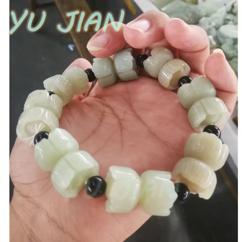 Natural Hetian Jade Pure Handwork Carved Lotus Flower Pure-Beautiful High Precious Pearl String Bangle Handring Jewelry