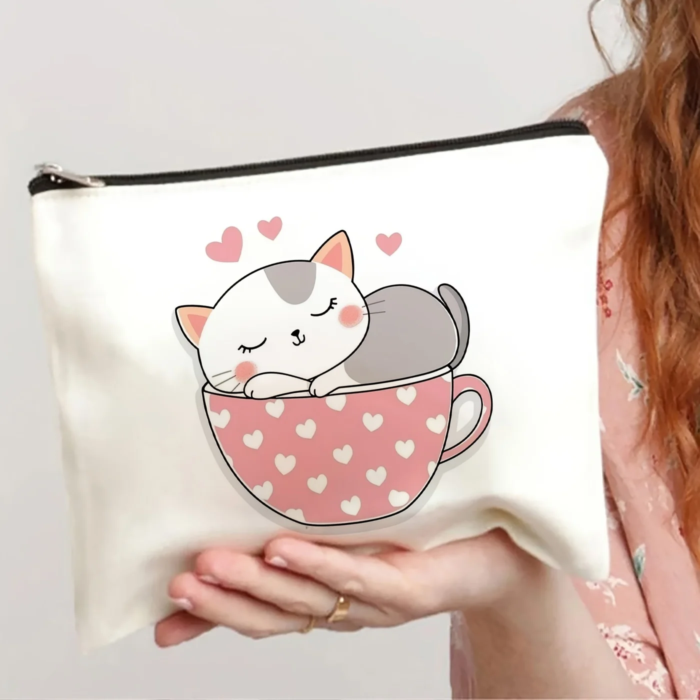 Eine süße Make-up-Tasche mit Katzen-Kaffeetasse-Aufdruck – multifunktionale Reißverschlusstasche, Schmuck-Aufbewahrungstasche, perfekte Reise-Reißverschluss-Kleiner Aufbewahrung
