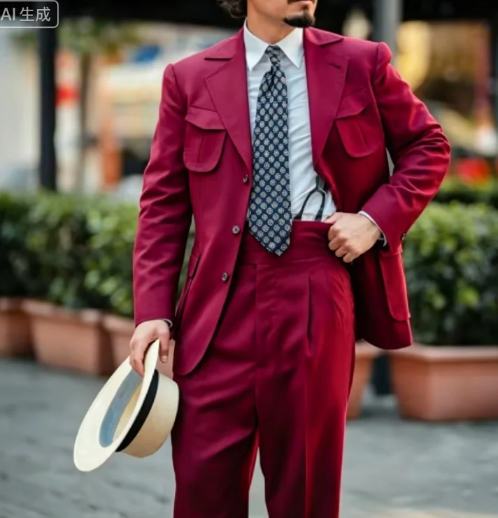 Men Wine Red Suit 2 Pieces Slim Fit Wedding Groom Tuxedo Formal Business Jacket Pants Set