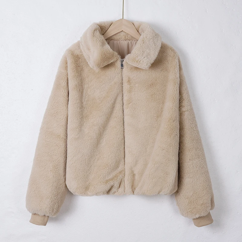 Winter Nieuwe Mode Nepbontjas Voor Vrouwen Lange Mouw Kraagvorm Losse Rits Warm Pluche Uitloper Bont Beige Jas Vrouwelijke