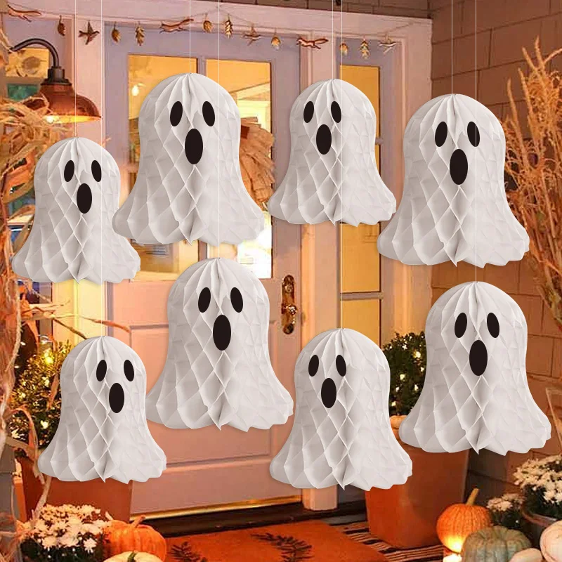 

1SET Halloween Hanging Ornaments Ghost Honeycomb Paper Lanterns for Halloween Party Home Indoor Outdoor Yard Decorations Props