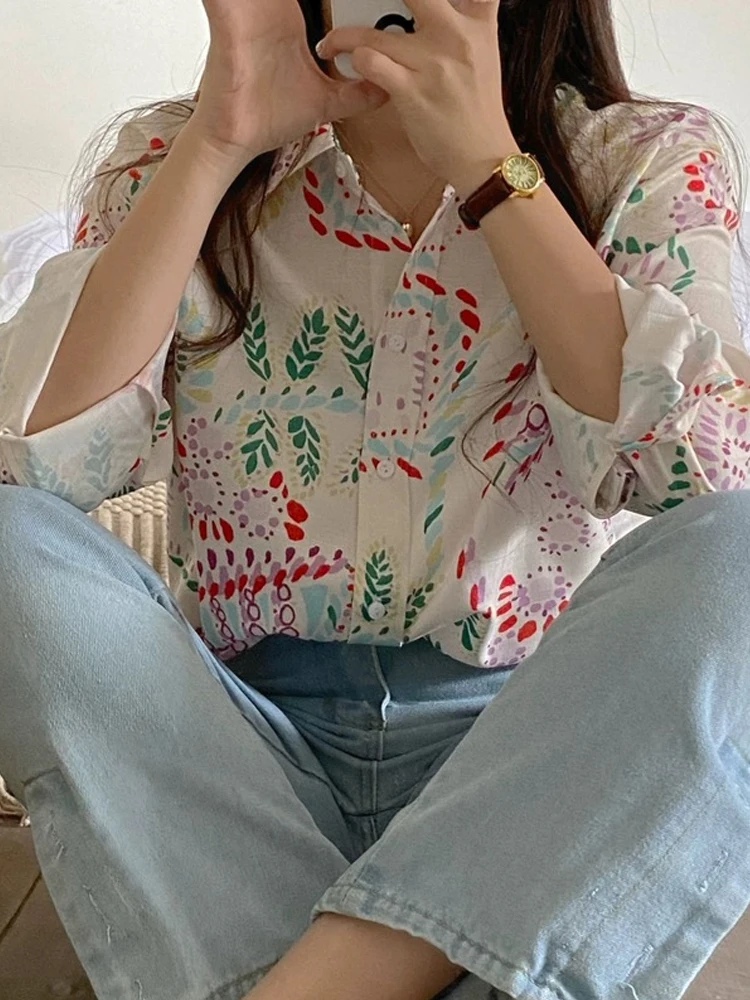 

Chic Women's irt Vintage Gentle Loose Design Sensation Elegance Korean Sle Long Sve Collar Print Casual Faion