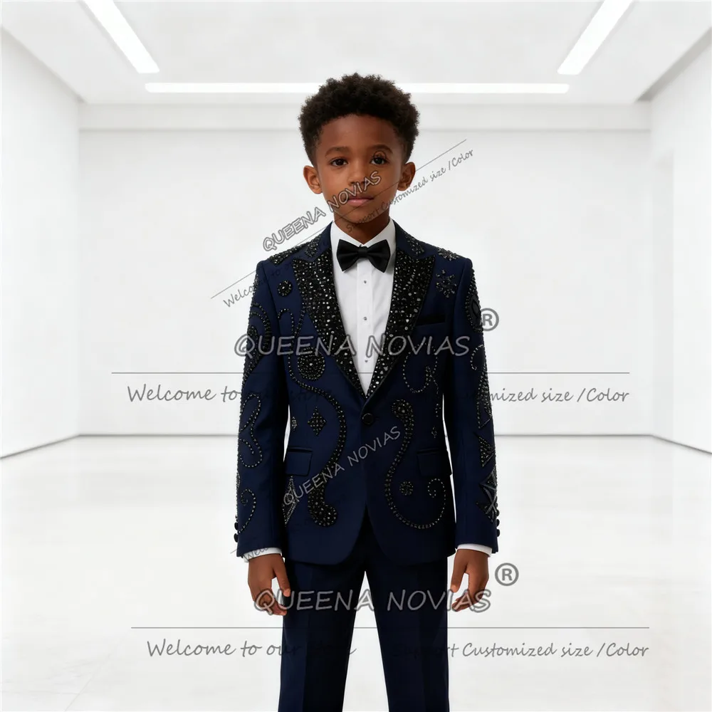 독특한 디자인의 비즈 장식 소년 웨딩 턱시도 수트, 반짝이는 스팽글 라펠 프롬 블레이저, 맞춤형 2피스 아동 블레이저