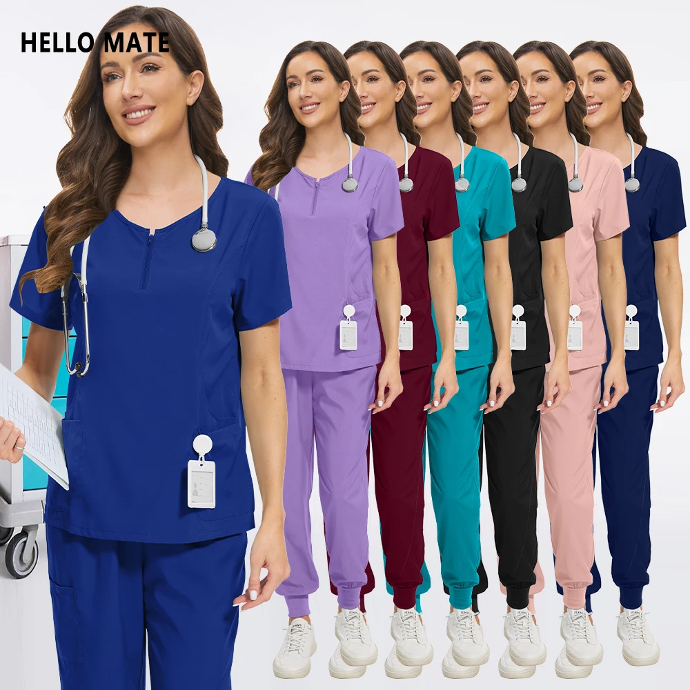 

Jogger Scrub Set for Women Zip Neck Workwear Nurse Nursing Blouse Pants Pharmacy Lab Clinical Work Suit Medical Dentist Overalls