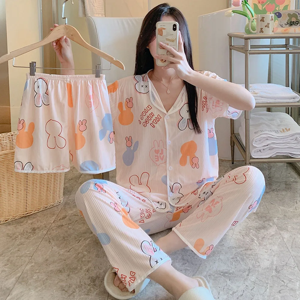 

Women Pajamas 3 Piece Set Bow Cartoon Short Sleeve Long Pants Lapel Seamless Thermal Loungewear Cute Long-sleeved Pajama Set