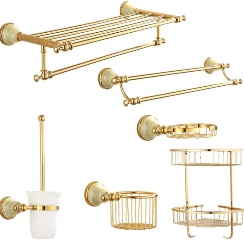 European all-copper natural jade towel rack, bath towel rack, bathroom hardware pendant, gold set.