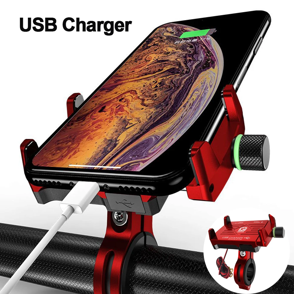 

Motorcycle Phone Mount USB Charger Handlebar/Rear-View Mirror Cellphone Holder Aluminum with 17mm Ball for 3.5-6.5 Inch Phones