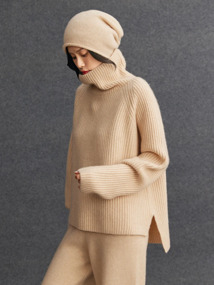 

Женский свитер TLOML из 100% кашемира, реглан, с высоким воротником, укороченный спереди, удлиненный сзади, осенне-зимний, однотонный, плотный, свободный крой