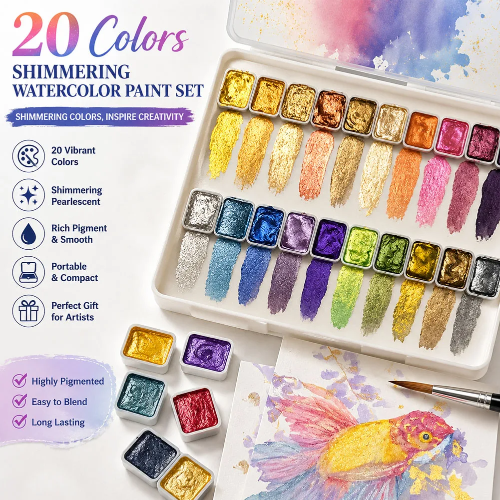 20 Colors Metal Watercolor Painting Set, Portable Box With Sparkling Pearl Solid Watercolor Painting Art Supplies