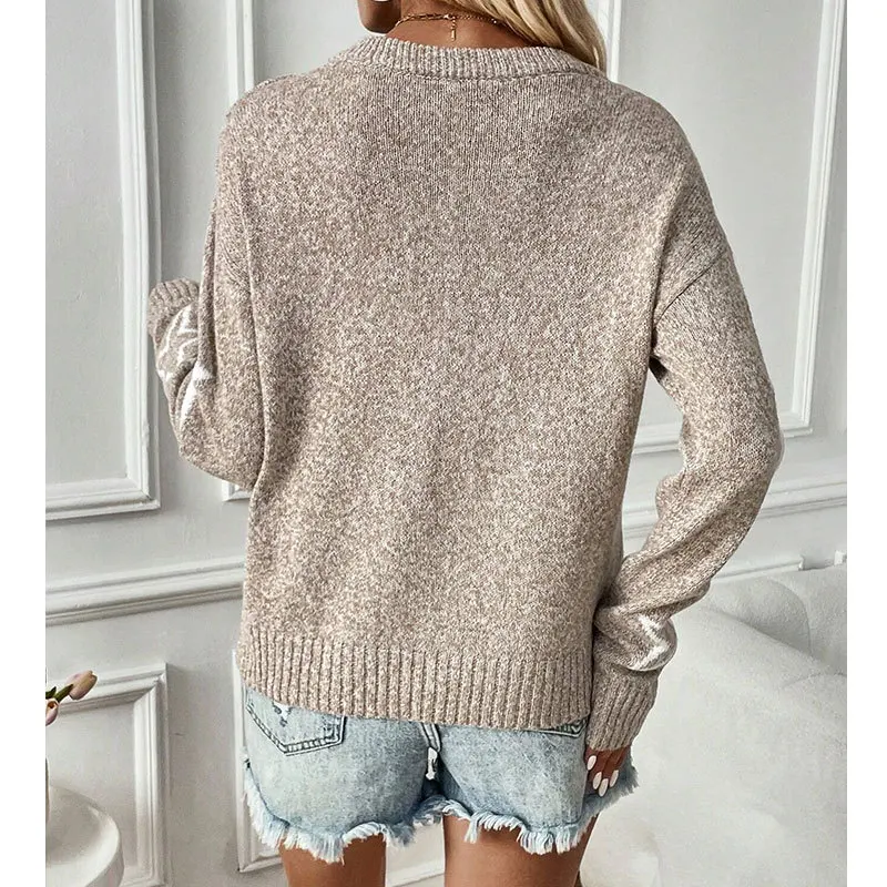 Five Pointed Star Jacquard Trendy Design Loose O-neck Knitted Pullover Long Sleeved Autumn Winter Casual Women's Sweater 4