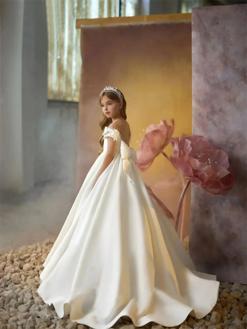 Baby Kids Princess Satin Beading Bow Flower Girl Dress Children First Communion Dress Ball Gown Wedding Party Dress Birthday - view 6