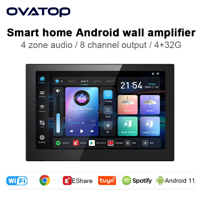 8 Inch touch screen 4zone audio in wall amplifier WIFI Android system TUYA smart home control panel bluetooth sound music player