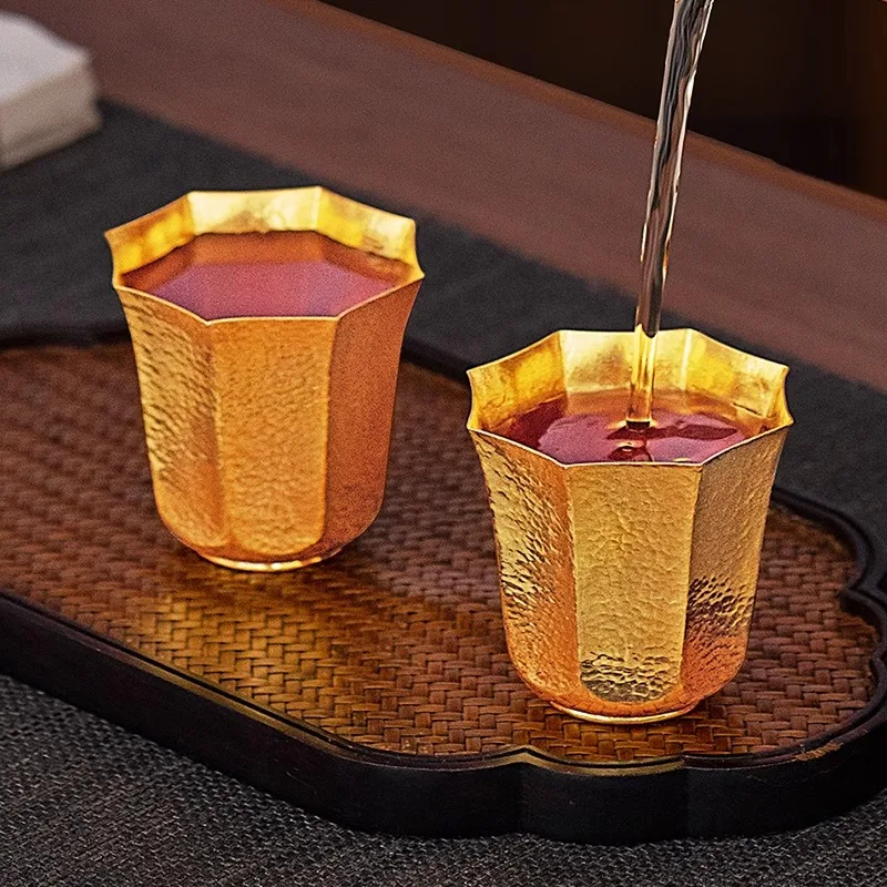 Silver Cup Pure Silver 99.9% Octagonal Gold Plated Tea Cup Tea Ceremony Tea Set Large Capacity Tea Cup Master Cup