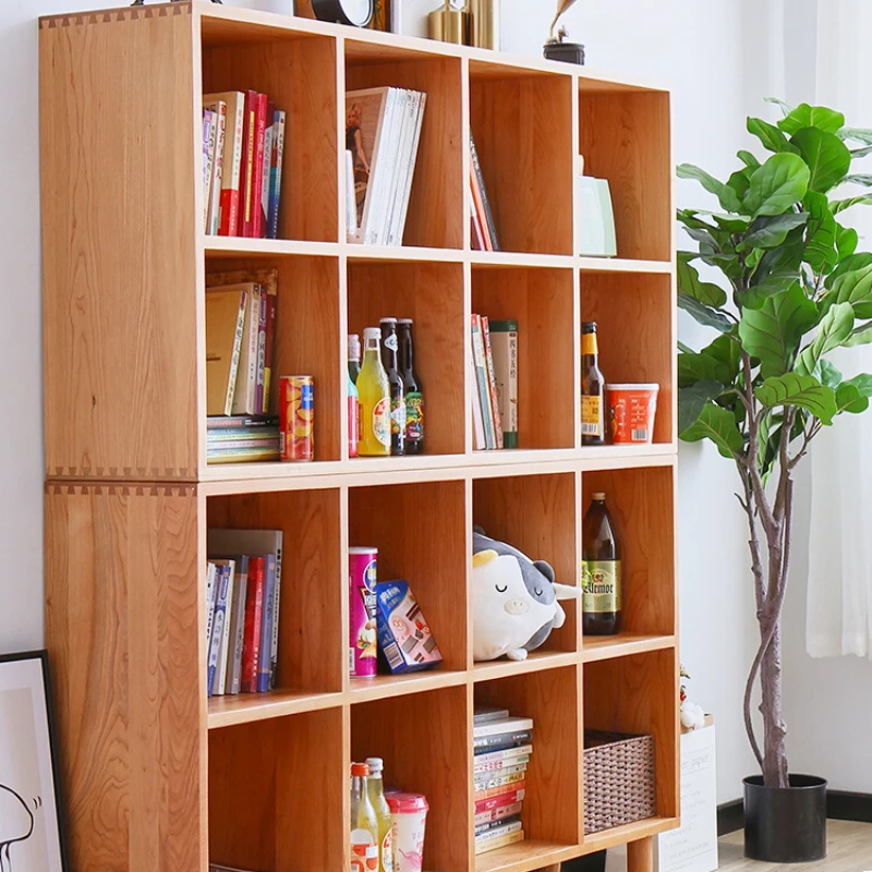 Cherry wood bookshelf, solid wood floor to ceiling lattice storage cabinet, white oak