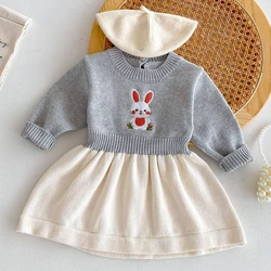 2024 New Autumn Kids Princess Dresses Long Sleeved Knitted Splicing Baby Girl Knitting Party Dress Children Knitting Clothes