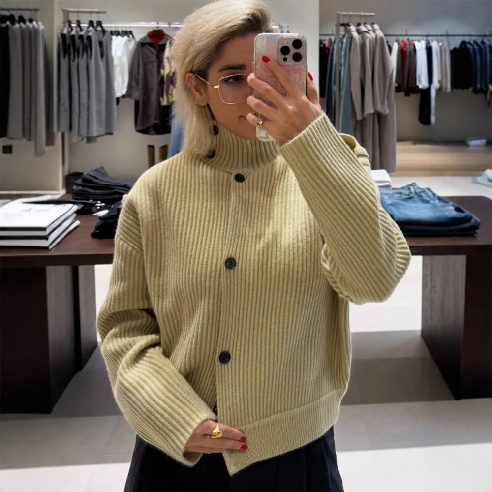 Cárdigan de punto informal para mujer, prendas de punto lisas con cuello levantado y una hilera de botones, prendas de vestir exteriores elegantes para otoño e invierno 2026