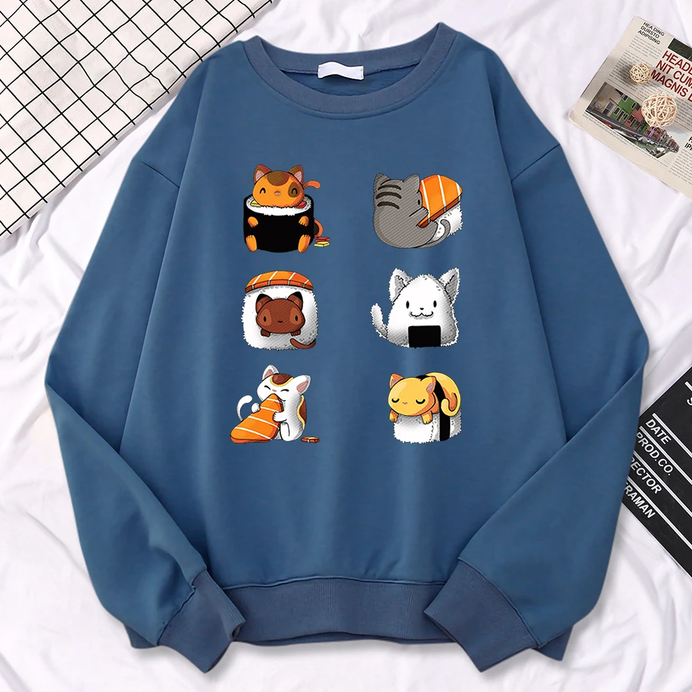 Casual Street Women Sweatshirt Various Types Of Cat Sushi Printing Hoodies Fleece All-Math Pullover Warm Loose Female Clothes