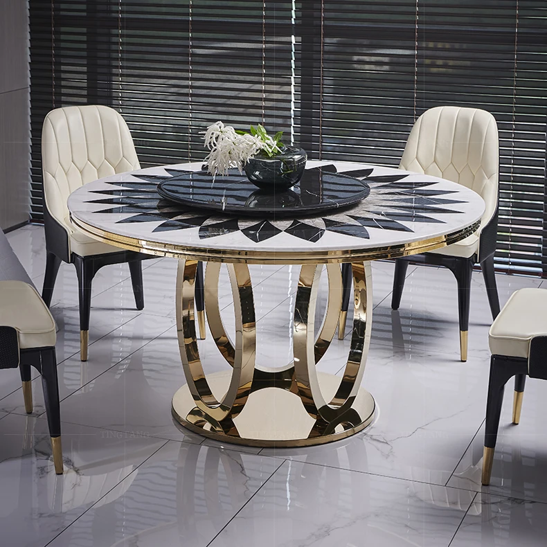 Light luxury circular dining table and chair set, household stainless steel marble dining table with turntable