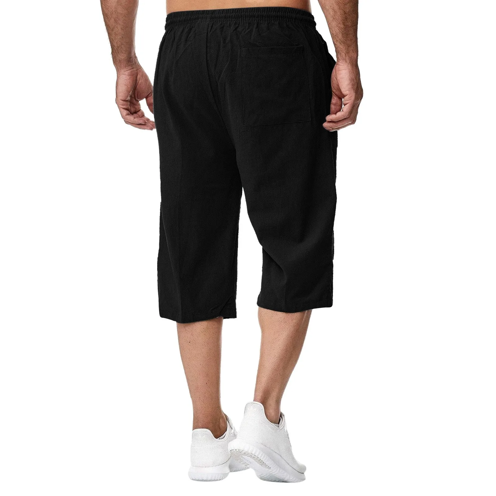 Men\'s Cotton Linen Cropped Pants Drawstring Pocket Sweatpants Sport Jogging Casual Long Pants Beach Breathable Capri Trousers