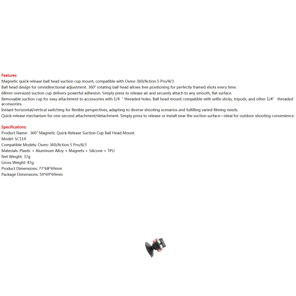 

Magnetic Camera Mount for DJI Osmo 360/Action 5 Pro/4/3, 360° Quick Release Ball Head Adapter Mount 1/4" Thread for Selfie Stick