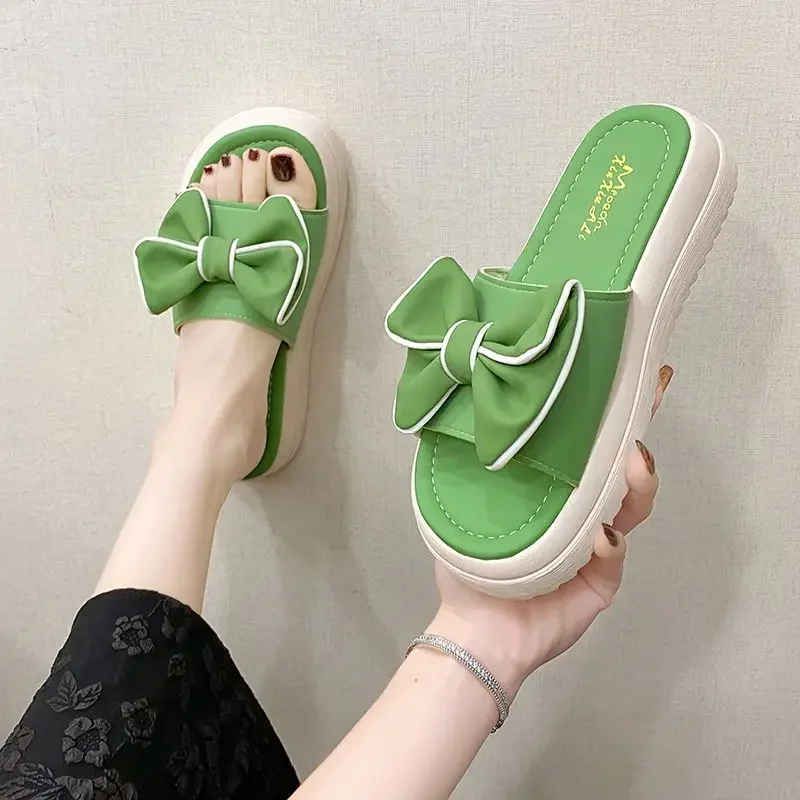 Sandals Height Open Toe with Bow on Word Woman Slippers House Shoes for Women Home Outside Thick Slides Indoor Off White Normal