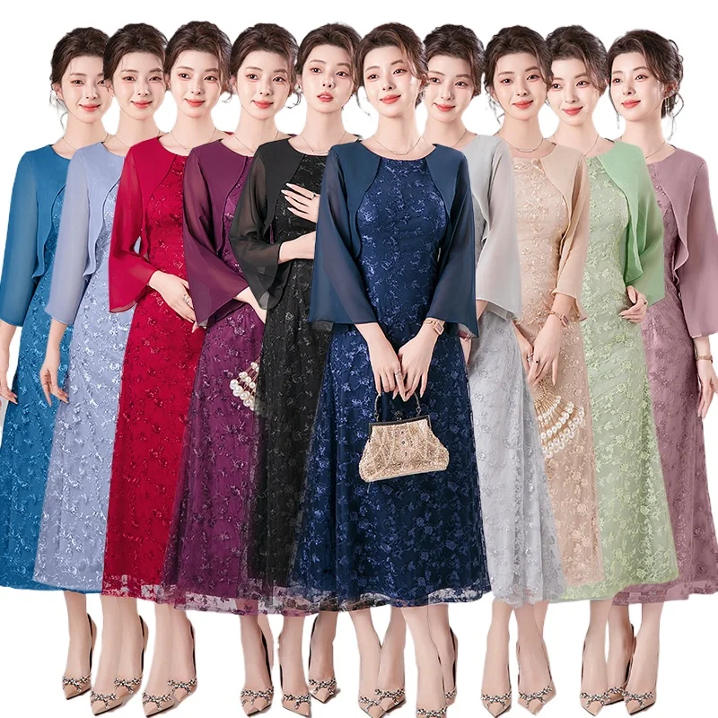 

Elegant Round Neck Embroidery Formal Evening Party Dress With Three Quaters Sleeves