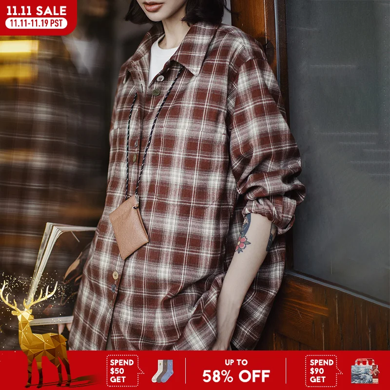 Maden عارضة منقوشة الياقة الرقبة قميص المرأة الخريف المتضخم خمر بلوزة طويلة الأكمام قميص واحد الصدر