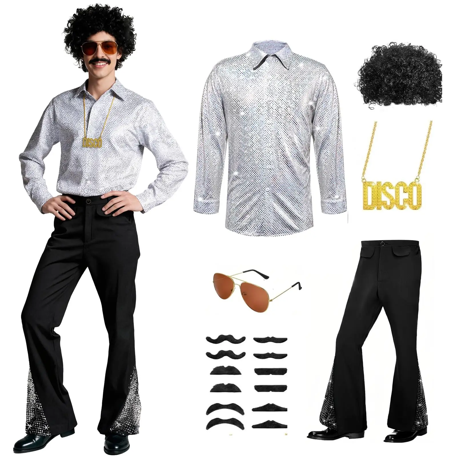 

Disco Costume Men 70s Fancy Dress Costume Set with Sequin Shirt Necklace Glasses Beard Outfit Halloween Costumes For Adults