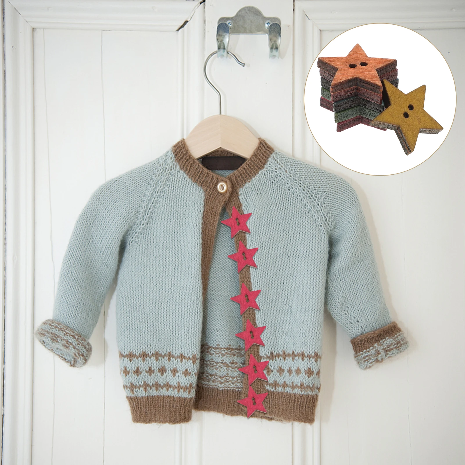 

50Pcs Wooden Colorful Pentagram Star Shaped Buttons Two Hole Decorative Sewing Embellishments for Cloth Craft Knitting Crochet