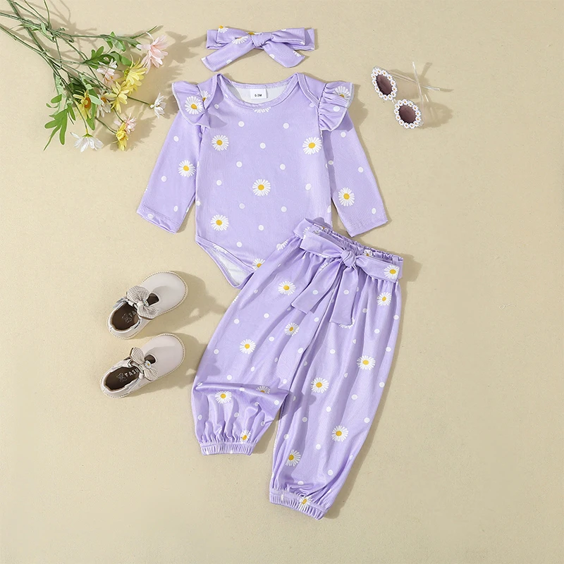 Newborn Infant Girl Clothes Daisy Print Rib Knit Romper Pants Headbands Baby Clothes for Girls 0 3 6 12 18 Months