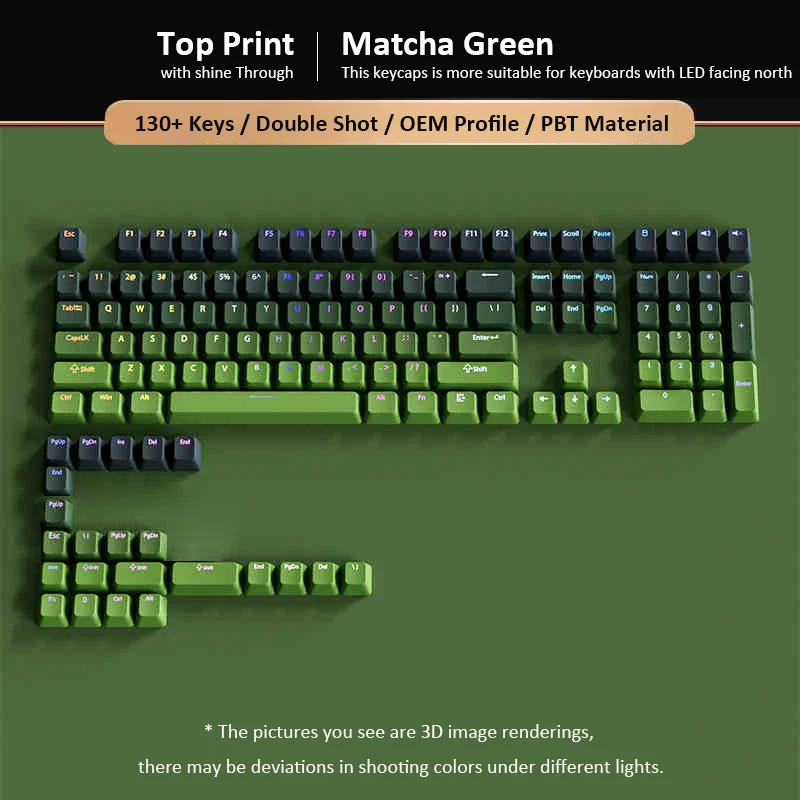 130 Keys Matcha Green Double Shot PBT Keycaps Shine Through Keyboard Keycaps OEM Profile for Cherry MX Switches Gaming Keyboard