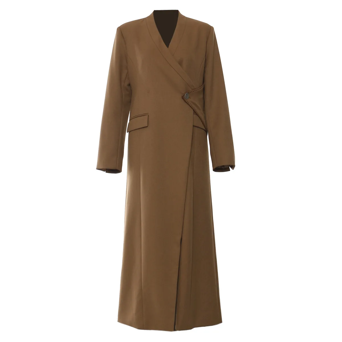 

2024 New Autumn Winter Women Coat Long V Neck Single Button Tweed Jacket Slim Fashion Streetwear Overcoat Long Sleeve Pockets
