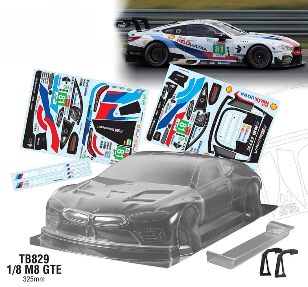 TB829 1/8 M8 GTE Clear Lexan body sets. 325mm Wheelbase RC Body. 300mm Width body shell 1 8 rc