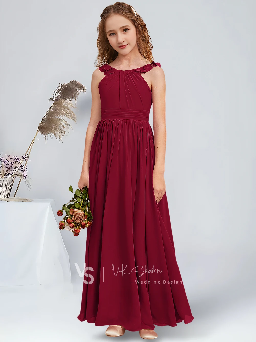 فستان وصيفة العروس للأطفال على شكل حرف a بطول الأرض من الشيفون مع تفاصيل زهور وردية صحراوية فساتين فتاة الزهور الجميلة للأطفال #6