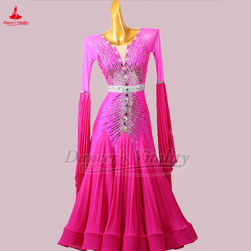 Moderne dans Internationale kampioenschap Rose jurk met lange mouwen High-end Foxtrot Waltz kostuum uitvoeren en wedstrijdkostuum aanpassen