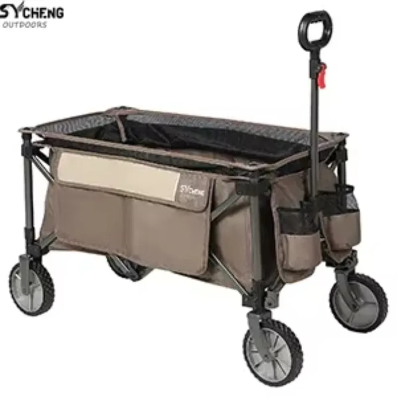 Extra Large Collapsible Folding Wagon Carts Heavy Duty Chrome Plated Four-Wheel Silver Outdoor Camping Wagons Extended Height