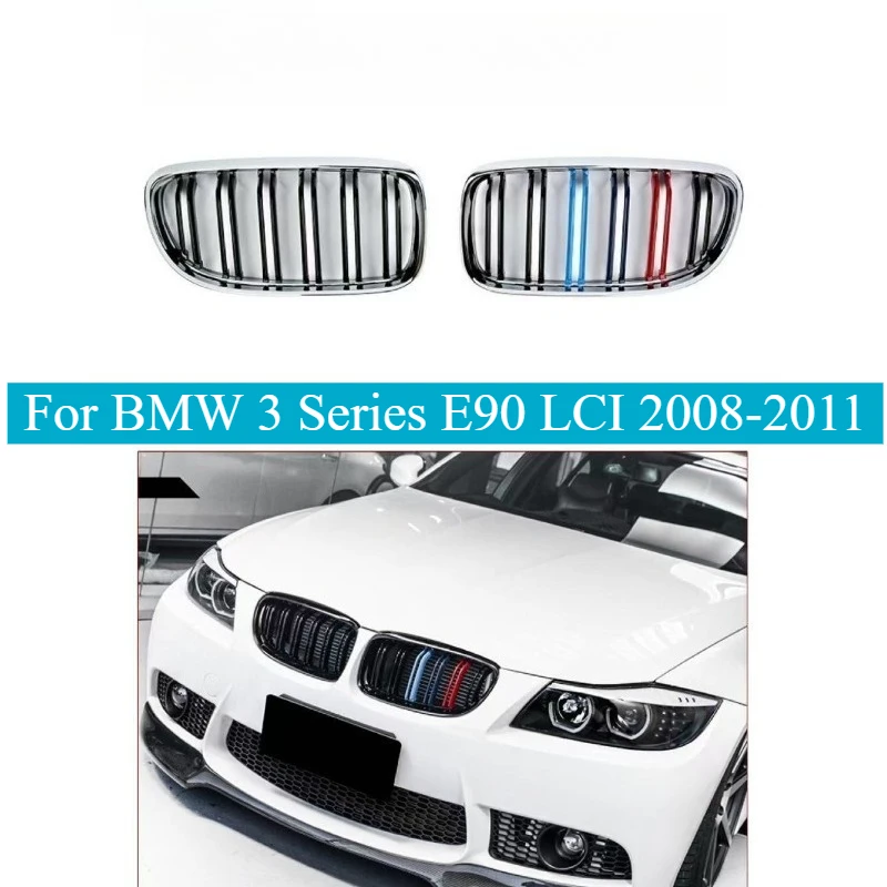 

For BMW 3 Series E90 LCI 2008-2011 Front Grille Set Gloss Black Dual Single Slat Kidney Grilles Direct Fit Upgrade Replacement