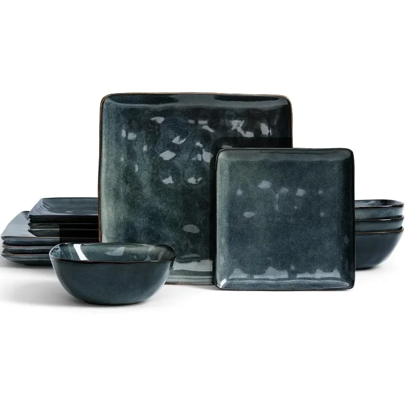 Dinnerware Sets for 4, Ocean Square 12-Piece Kitchen Plates and Bowls Sets, Reactive Glaze, Microwave and Dishwasher Safe,