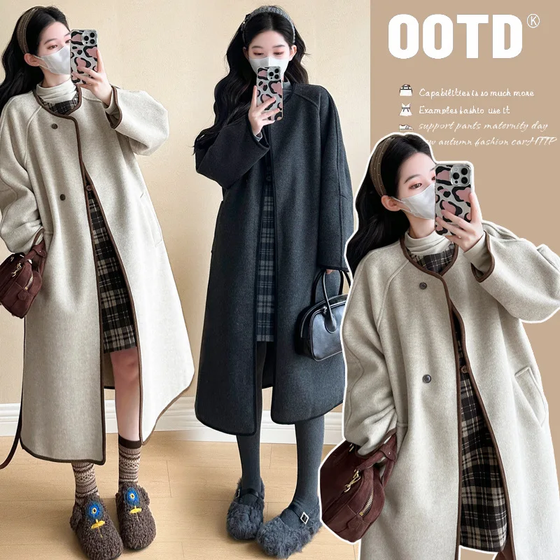 2024 New Pregnant Women Fashionable Clothes Set Maternity Woolen Overcoat+Sleeveless Gingham Dress Loose Warm Maternity Coat