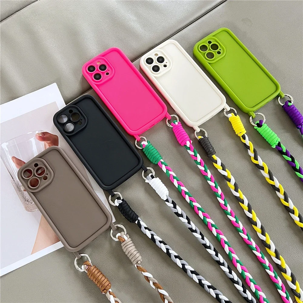 

Luxury Matte Liquid Silicone Crossbody Necklace Cord Lanyard Soft Case For iPhone 16 14 Pro Max 15 13 12 11 XS Shockproof Cover