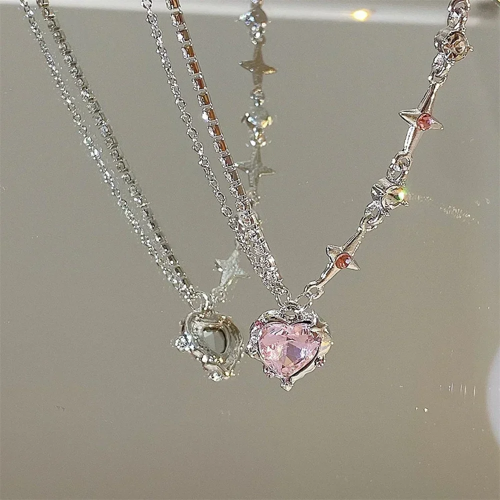 Collier pendentif cœur en cristal rose Y2K 2026 pour femme, chaîne de clavicule punk tendance, bijoux esthétiques, cadeaux