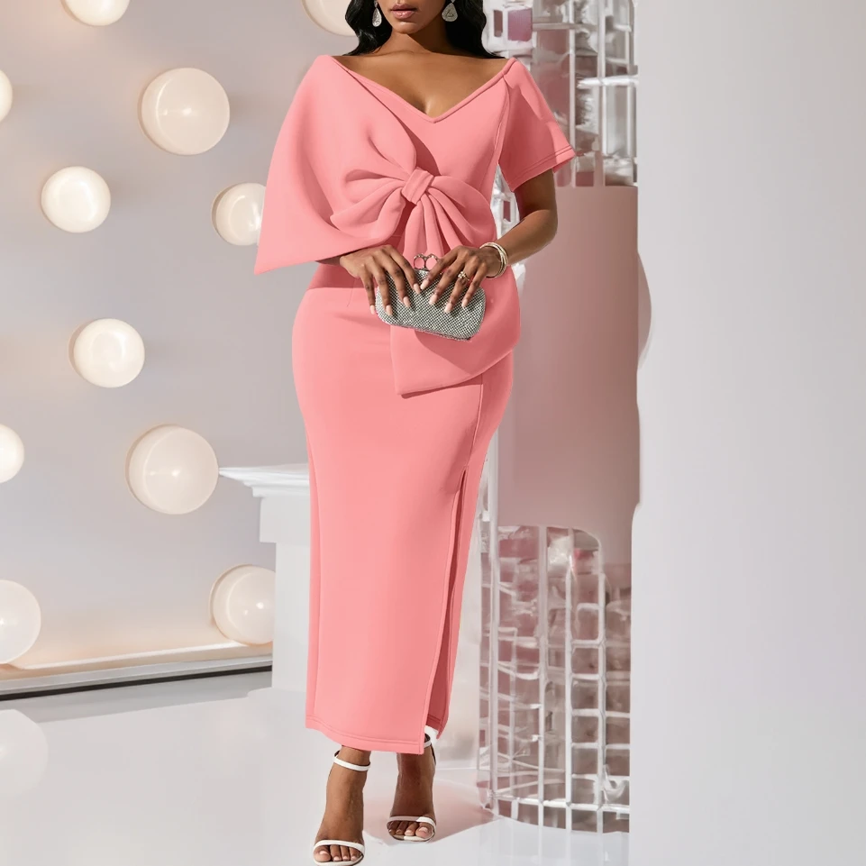 Nuova moda 2024 estate Casual eleganti abiti da sera da sera per le donne Sexy grande fiocco diviso vestito avvolto gonna dell'anca