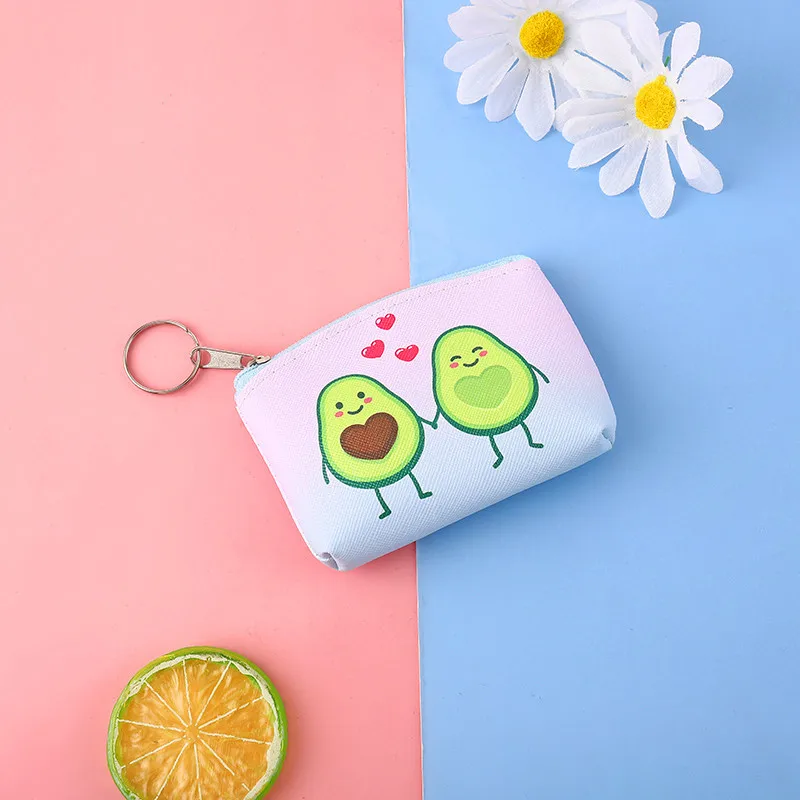 Petit porte-monnaie à fermeture éclair pour femme, mini portefeuille, sac à main en PU, imprimé avocat de dessin animé, rangement pour clés cosmétiques