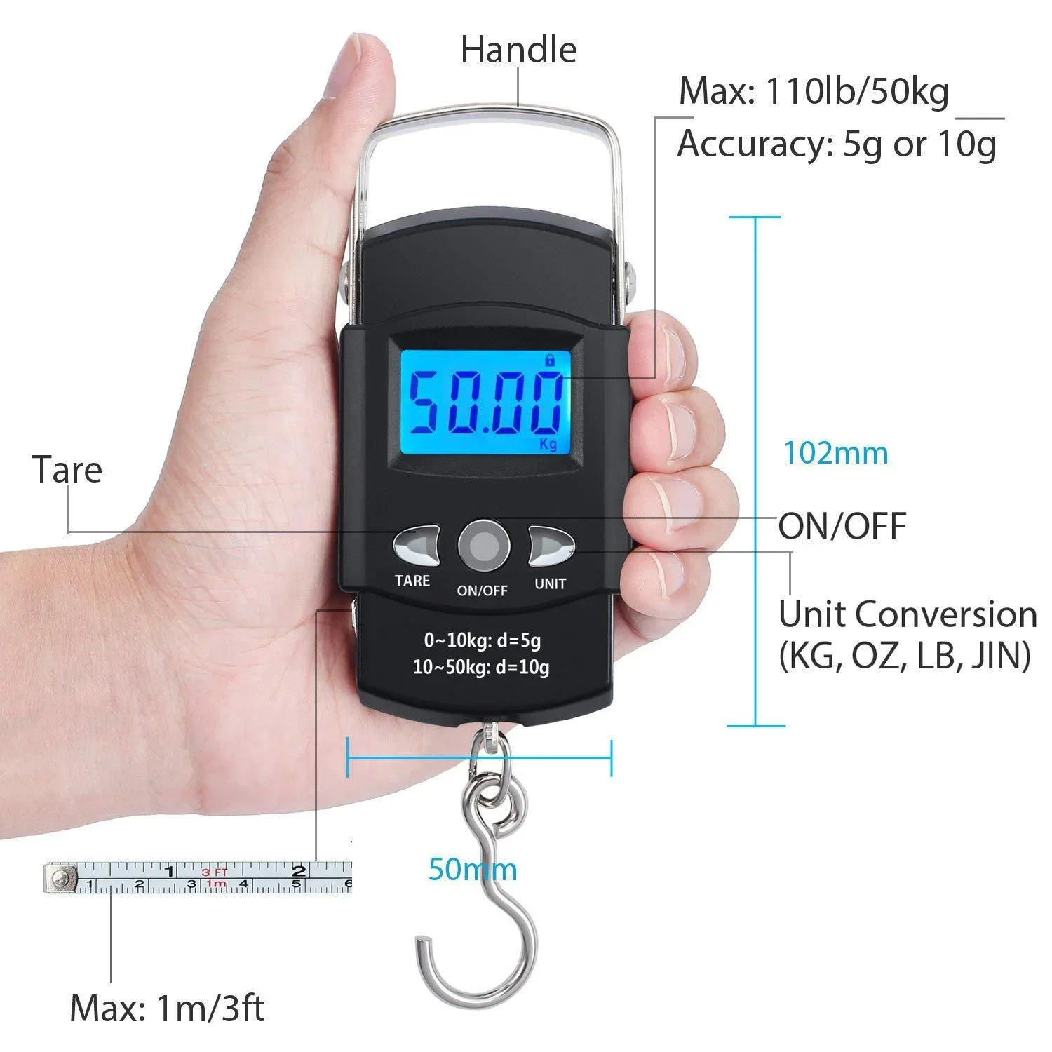 Portable 110 pound/50 kilogram hanging scale, digital scale, backlit fishing scale, luggage weighing tool with tape measure