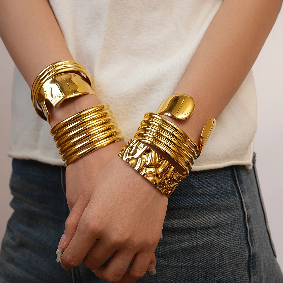 

Geometric Pleated Irregular Stainless Steel Opening Bangles Luxury High Quality Bump Cuff Bracelets C-shaped Wristband Jewelry
