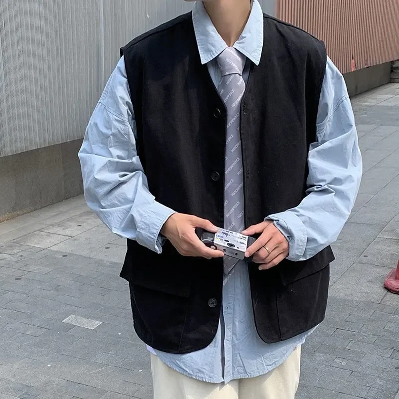 Men's Sleeveless Vest Trendy Cardigan Jacket Hong Kong Style Retro Vest Versatile Solid Color Vest