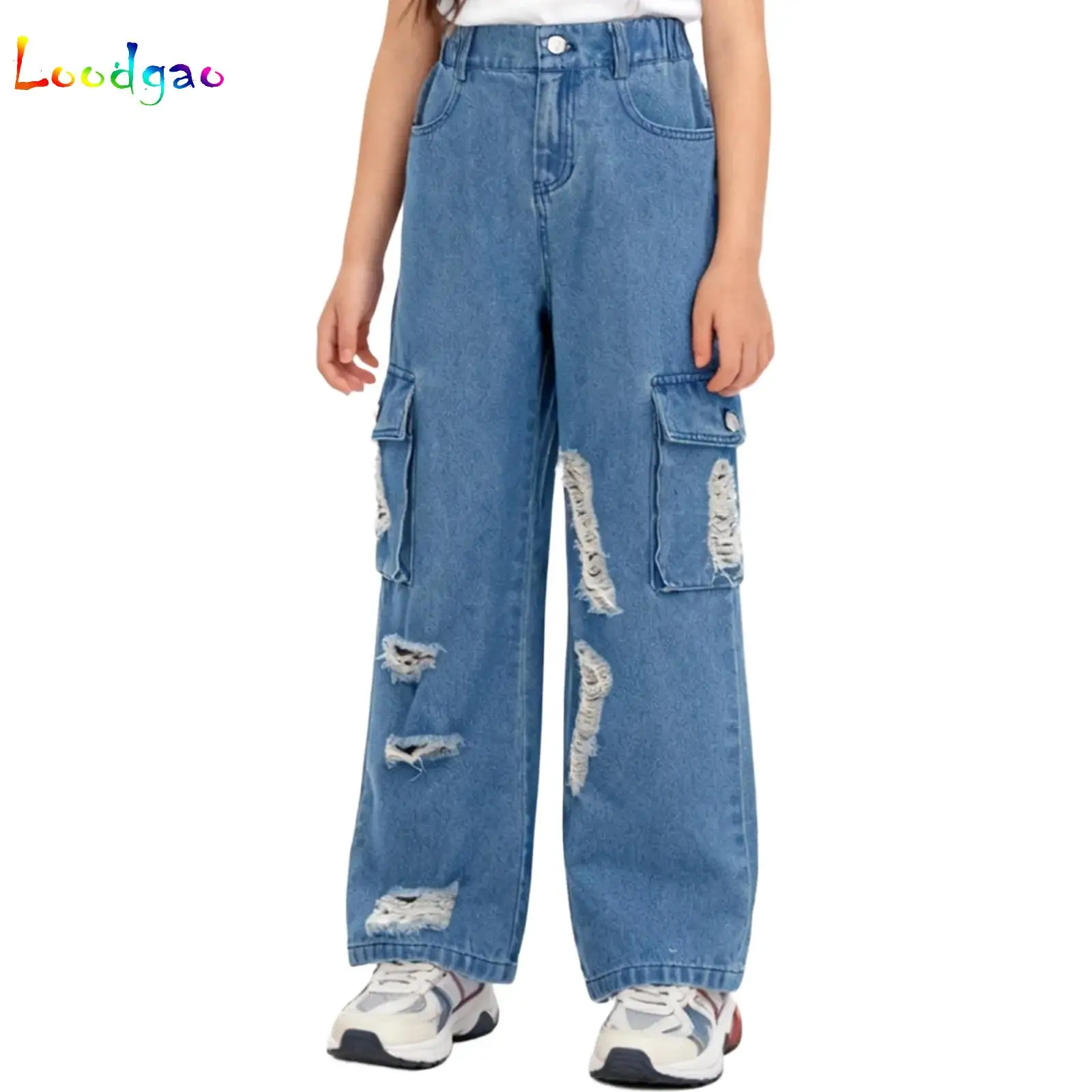 

Kids Girls Y2K Ripped Cargo Jeans Denim Straight-Leg Pants Trendy All-Seasons Elastic Waistband Trousers with Multi-Pocket